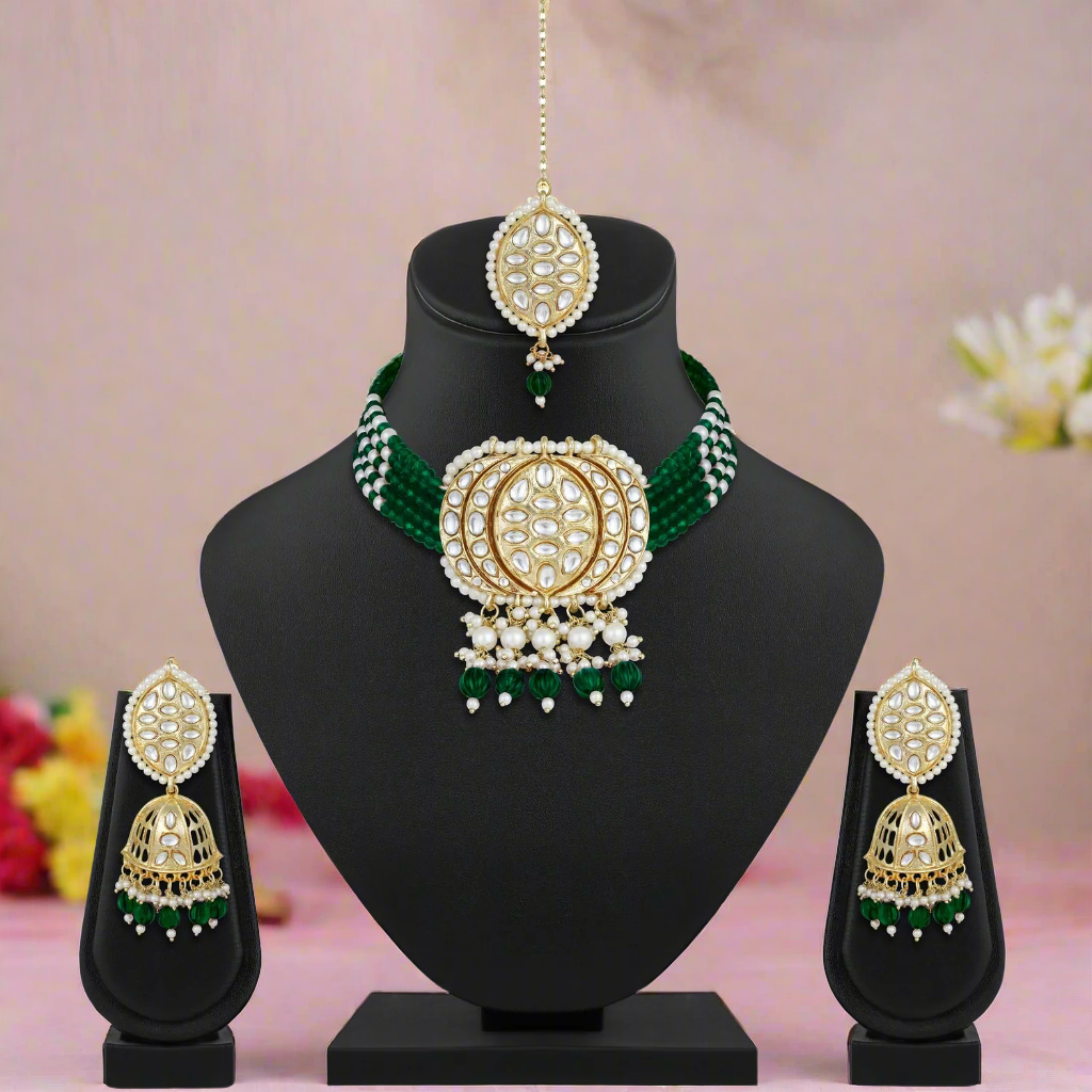 Jazz And Sizzle Gold-Plated Kundan-Studded & Beaded Necklace & Earrings Set with Maangtikka