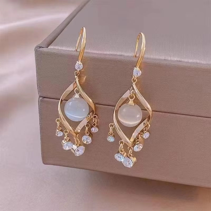 Bow Knot Long Drop Earrings with White Flower Pearl Charm Combo For Women
