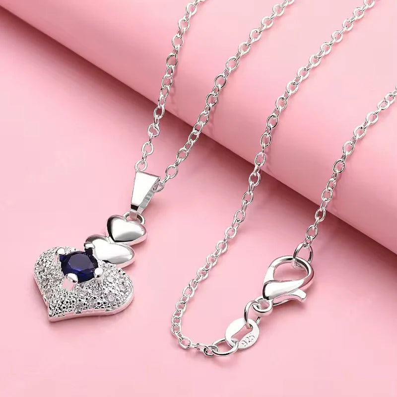Sterling Romantic Heart Pendant Necklace and Stylish Gold Bow Stud Long Chain Earrings with White Flower Drop For Women