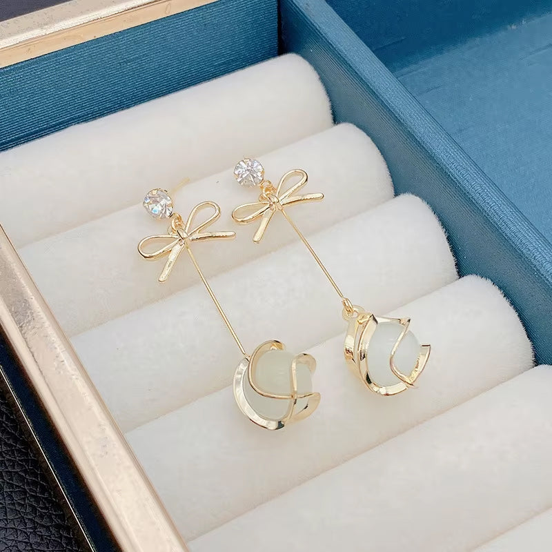 Bow Knot Long Drop Earrings with White Flower Pearl Charm Combo For Women