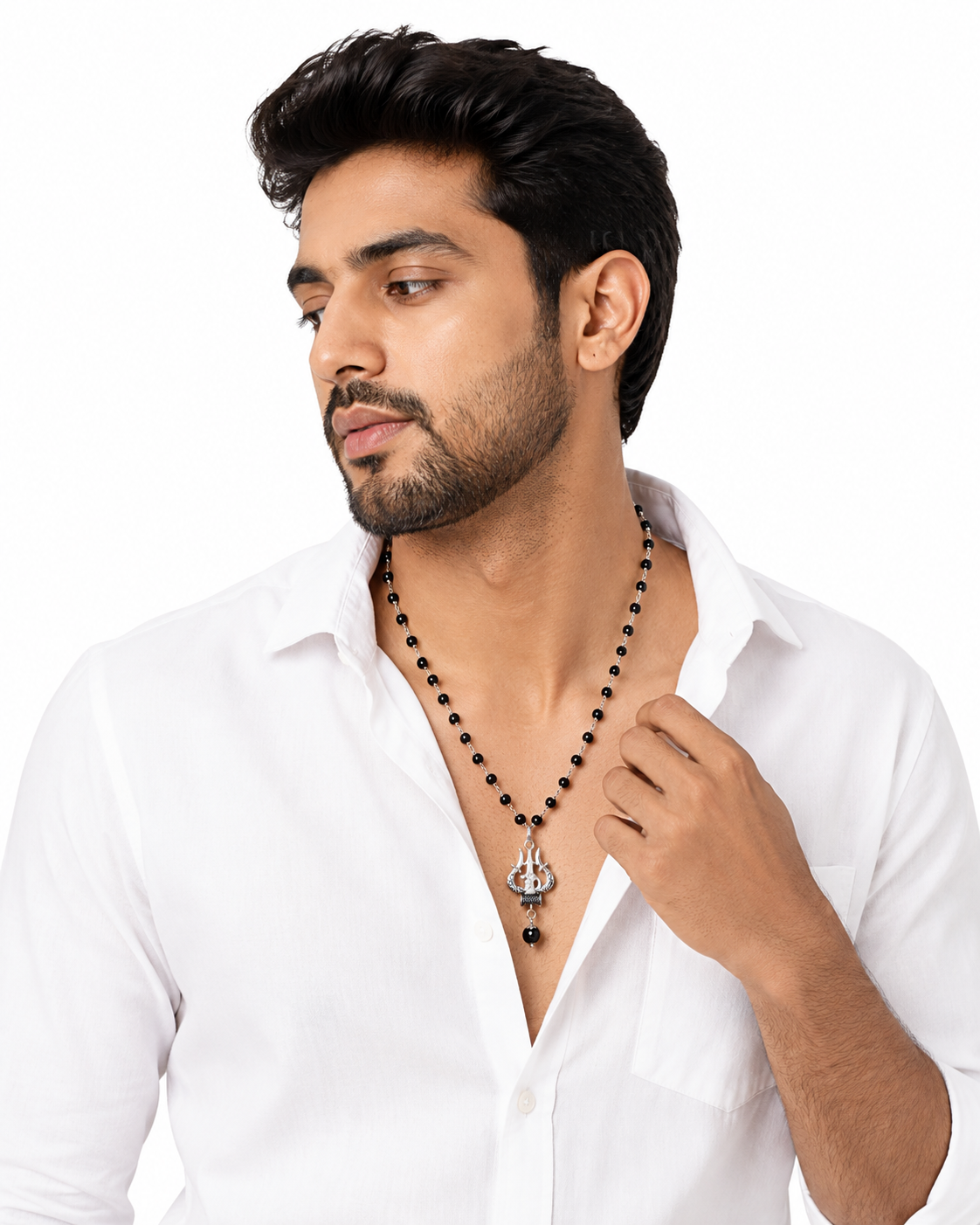 Silver Plated Karungali Necklace with Trishool Pendant-JS-SNC-0013