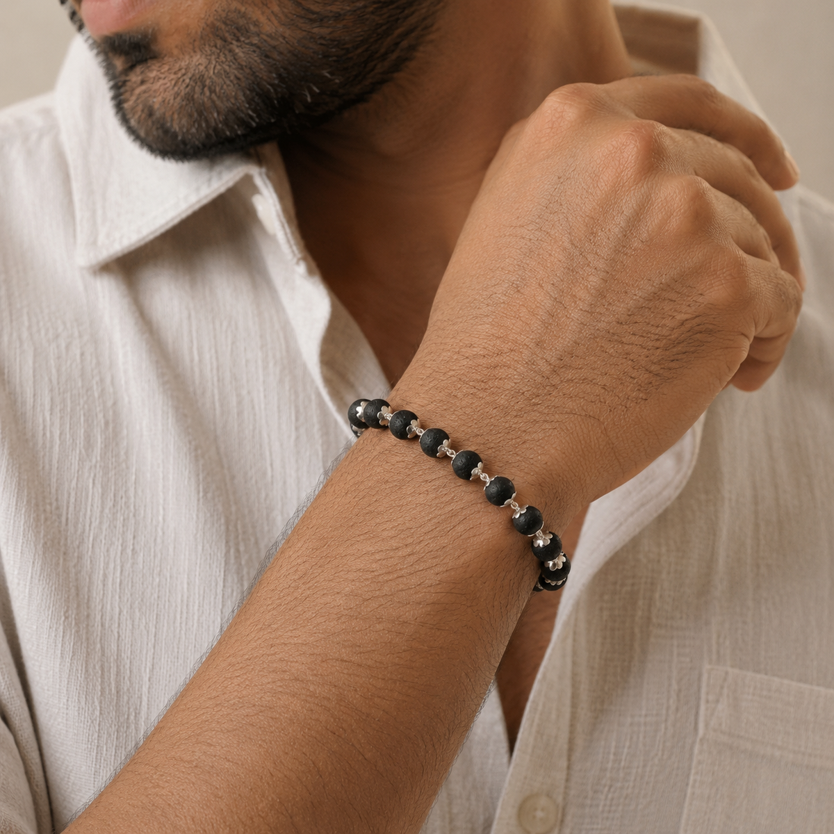Silver Plated Karungali Beads Bracelet - For Men-JS-SBR-0004