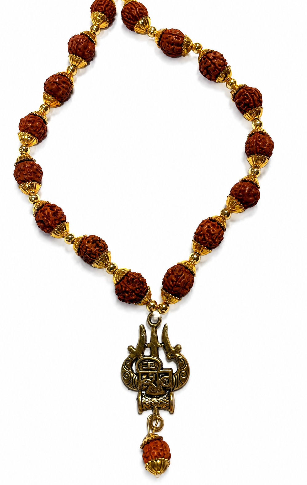 Gold-Plated Rudraksha Mala with Trishul & Spiritual Pendant | Traditional Prayer Necklace