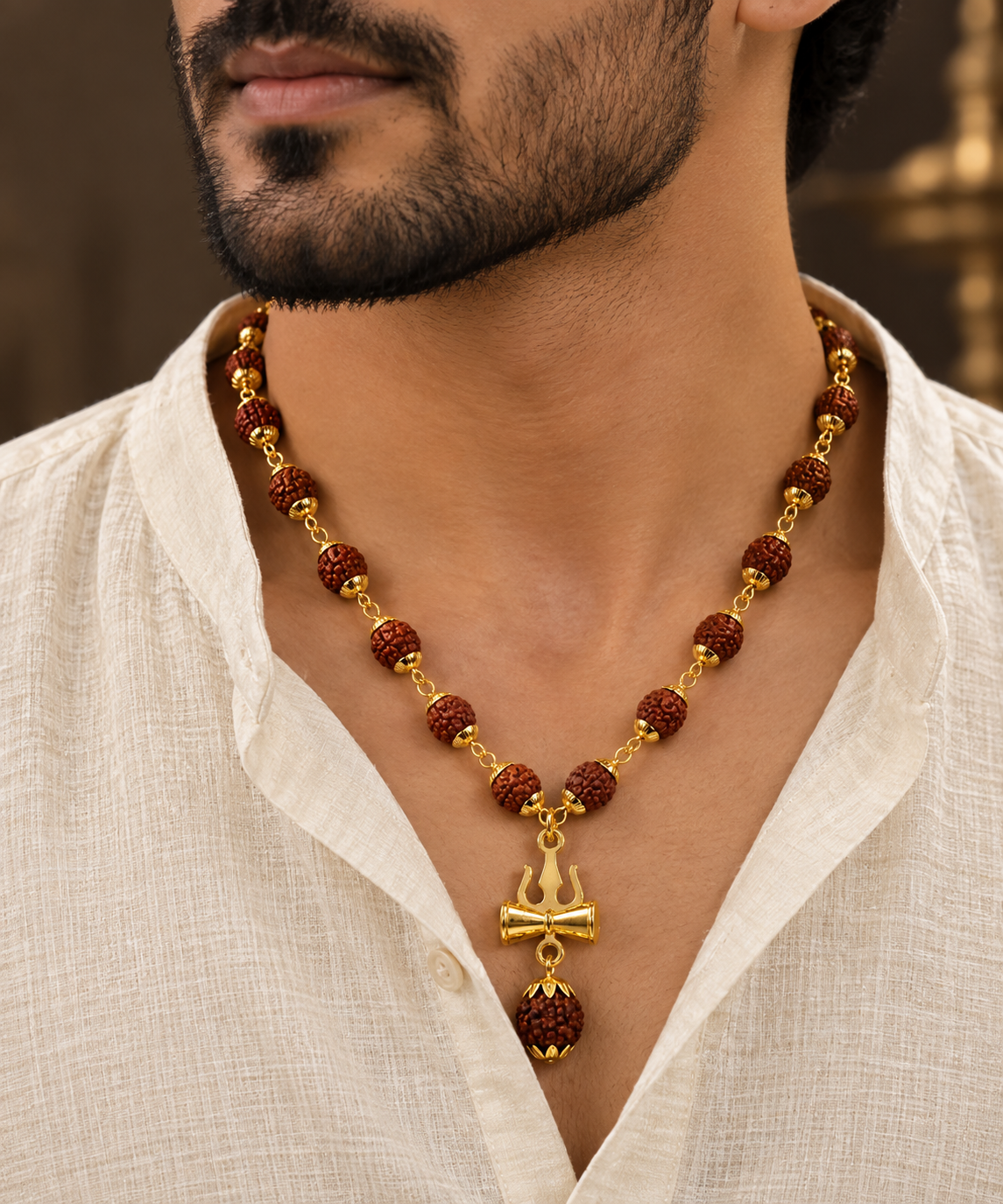 Rudraksha Trishul Damru Gold-Plated Spiritual Pendant Necklace for Men-JS-SNC-003