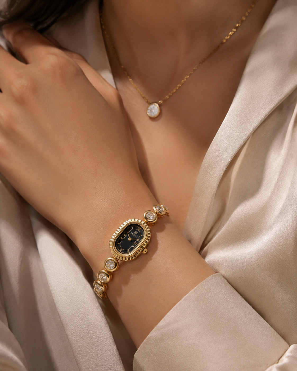 Women's Gold-Plated Crystal Bracelet Watch | Black Oval Dial Analog Watch | Anti-Tarnish Elegant Fashion Watch for Women & Girls