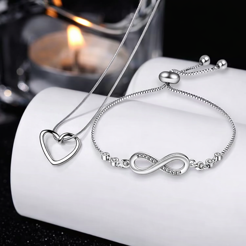 Elegant Infinity Love Bracelet & Heart Pendant Necklace Set – Adjustable Chain