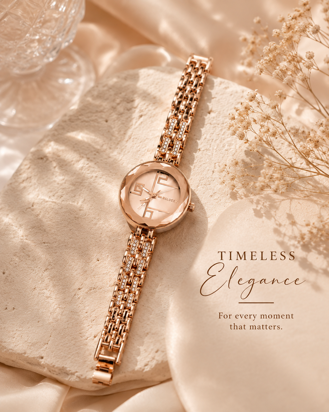 Rose Gold Crystal Analog Bracelet Watch for Women