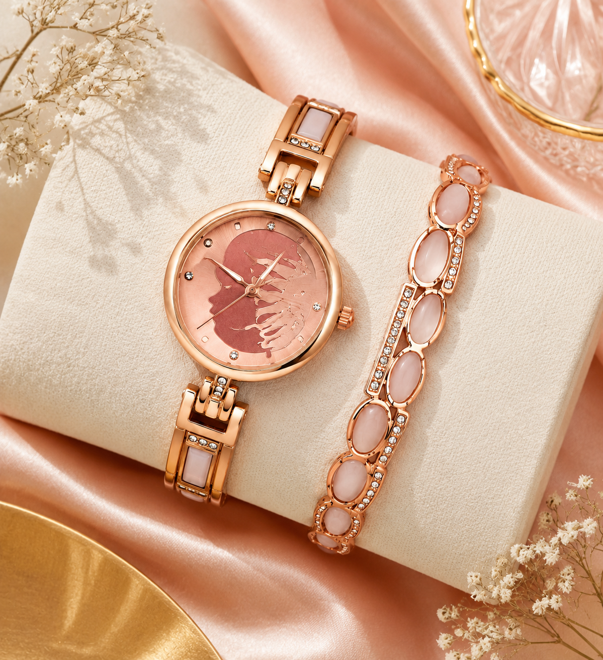 Elegant Rose Gold Women's Watch & Bracelet Combo with Pink Stone Accents