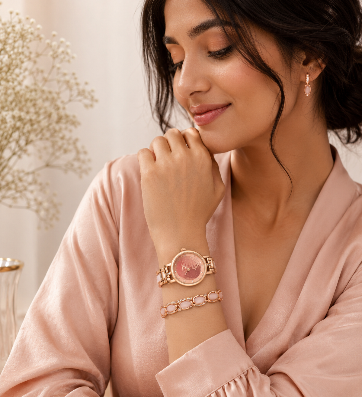 Elegant Rose Gold Women's Watch & Bracelet Combo with Pink Stone Accents