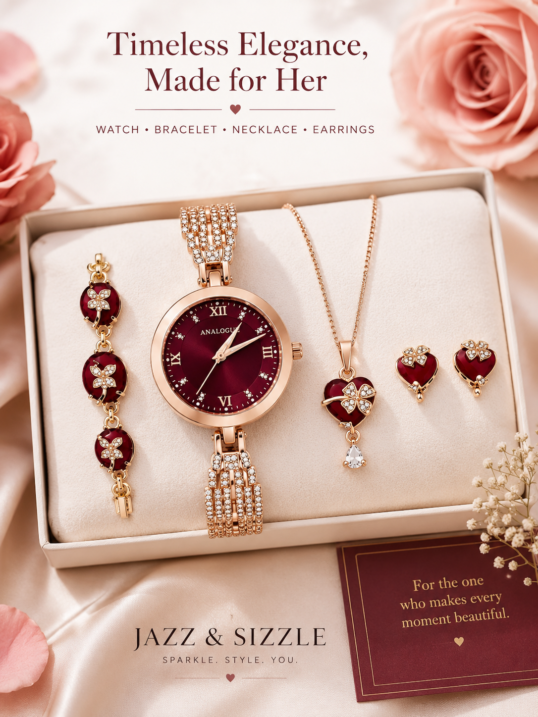 Luxury Rose Gold Analog Watch Combo Set with Heart Pendant, Earrings & Bracelet