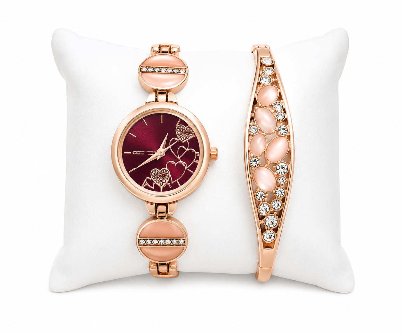 Rose Gold Analog Watch with Crystal Bracelet Gift Set for Women