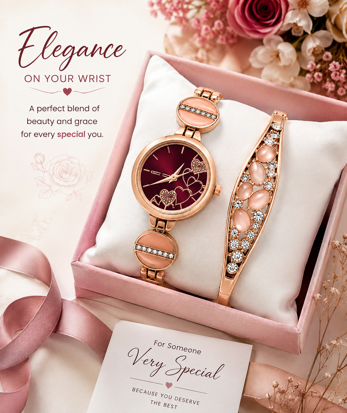 Rose Gold Analog Watch with Crystal Bracelet Gift Set for Women