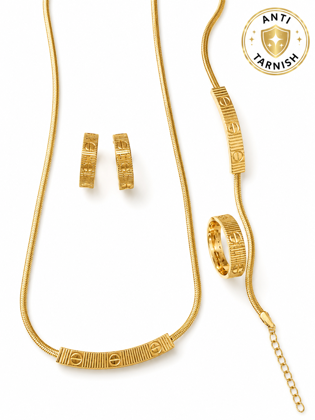 Anti Tarnish Gold Plated Textured Bar Necklace Set with Bracelet, Ring & Earrings