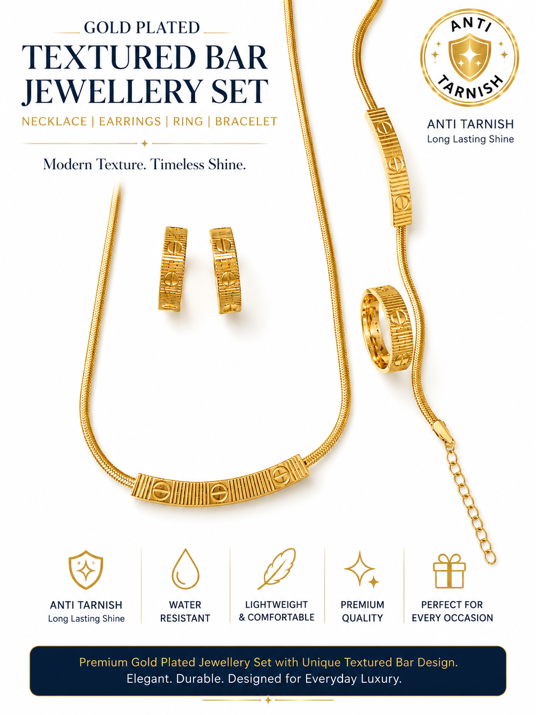 Anti Tarnish Gold Plated Textured Bar Necklace Set with Bracelet, Ring & Earrings