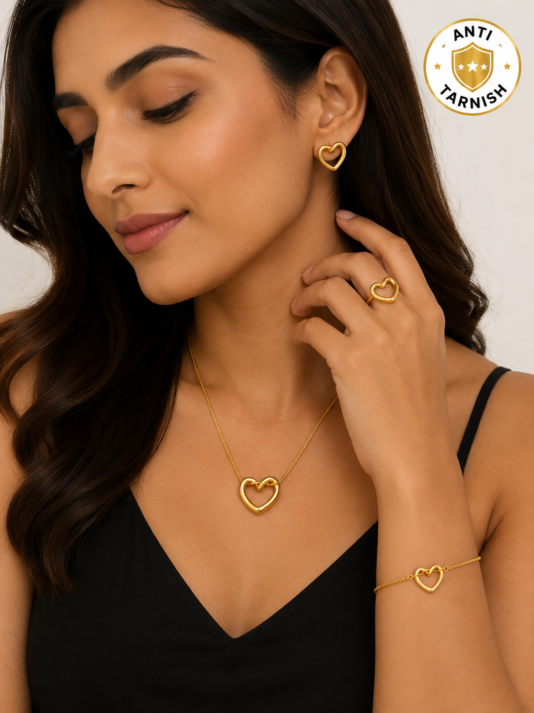 Anti Tarnish Gold Heart Jewelry Set for Women | Necklace, Earrings, Bracelet & Ring