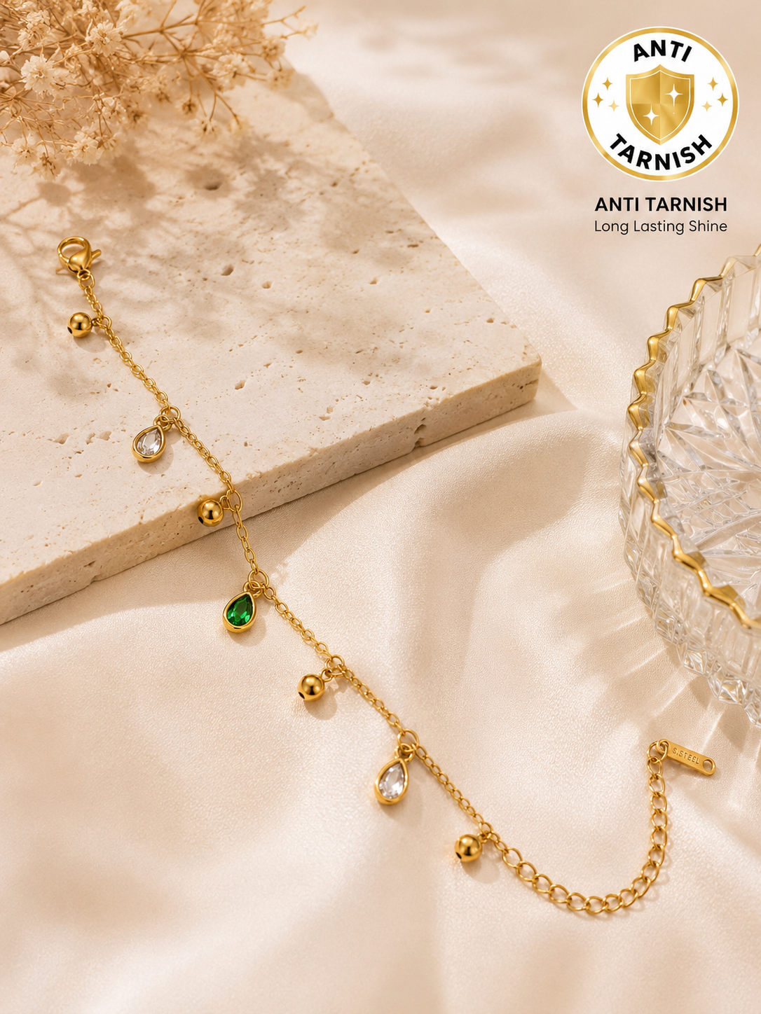 Anti Tarnish Gold-Plated Green Crystal Charm Bracelet for Women