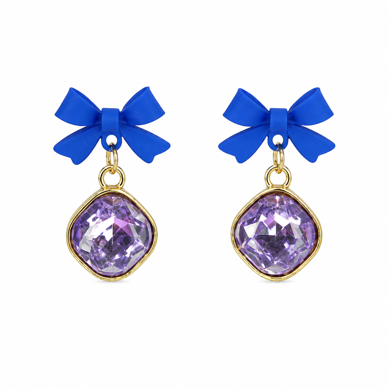Blue Bow Purple Crystal Dangle Earrings