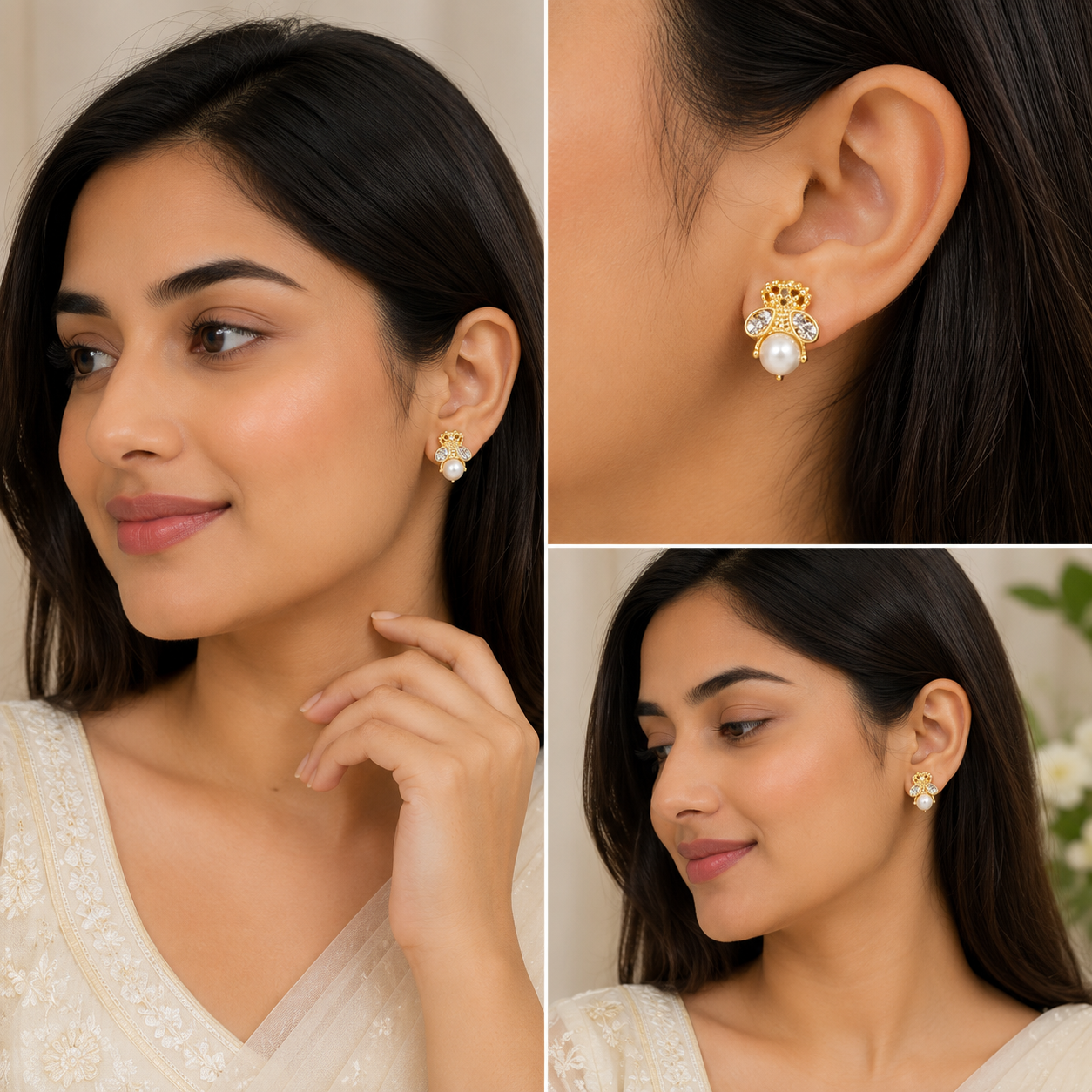 Elegant Bee Pearl Stud Earrings