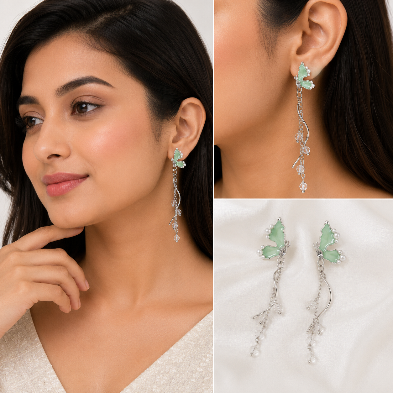 Jazz & Sizzle Mint Green Butterfly Dangle Earrings with Crystal & Pearl Accents