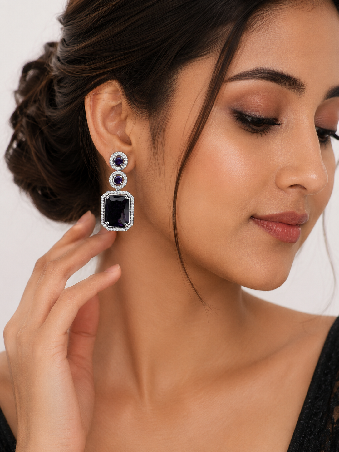 Jazz And Sizzle Silver-Plated Artificial Purple Stone Studded Geometric Drop Earrings for Women
