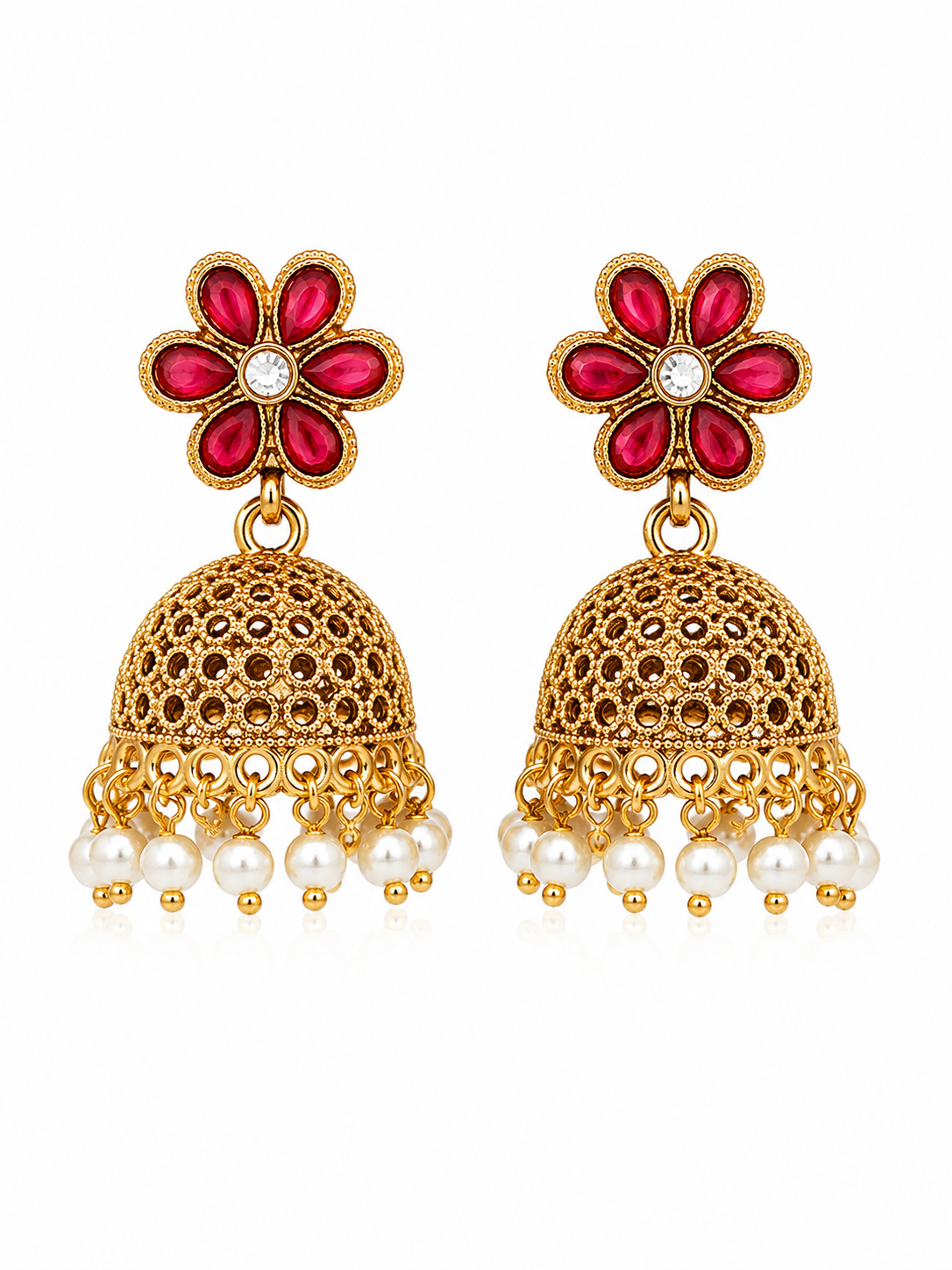 Gold Plated & Red Stone Studded, Pearl Beaded Dome Shaped Jhumka Earring