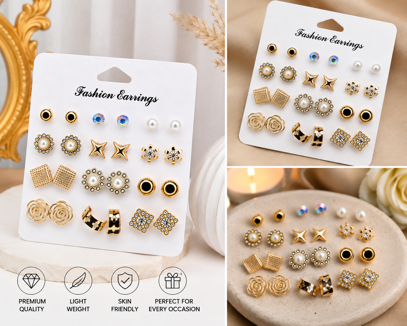 Fashion Stud Earrings Combo Pack | 12 Pairs Gold, Pearl & Crystal Earrings for Women