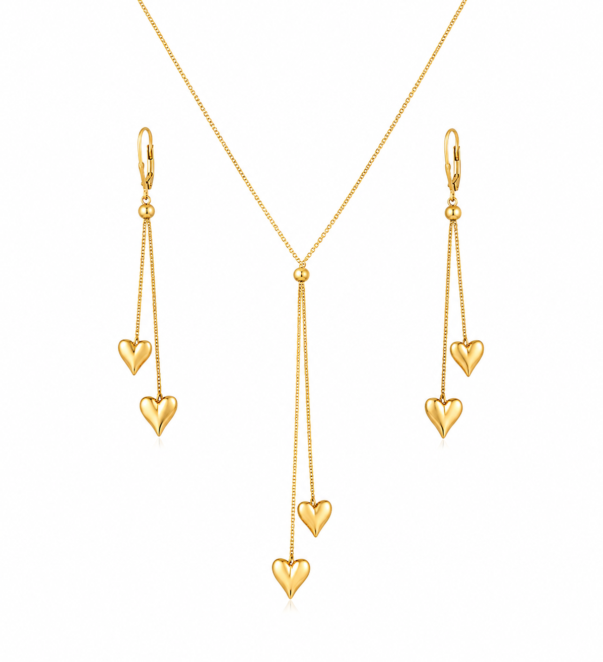 Anti-Tarnish Gold Heart Pendant Necklace with Matching Drop Earrings Set
