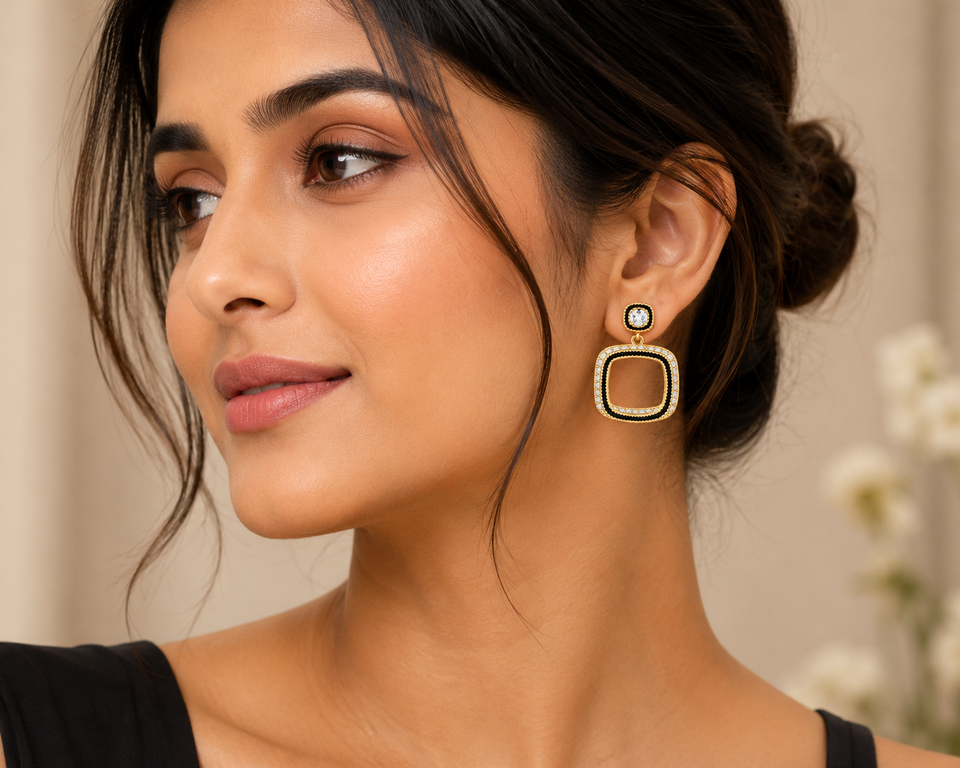 Anti-Tarnish Black & Gold Geometric Drop Earrings with Cubic Zirconia