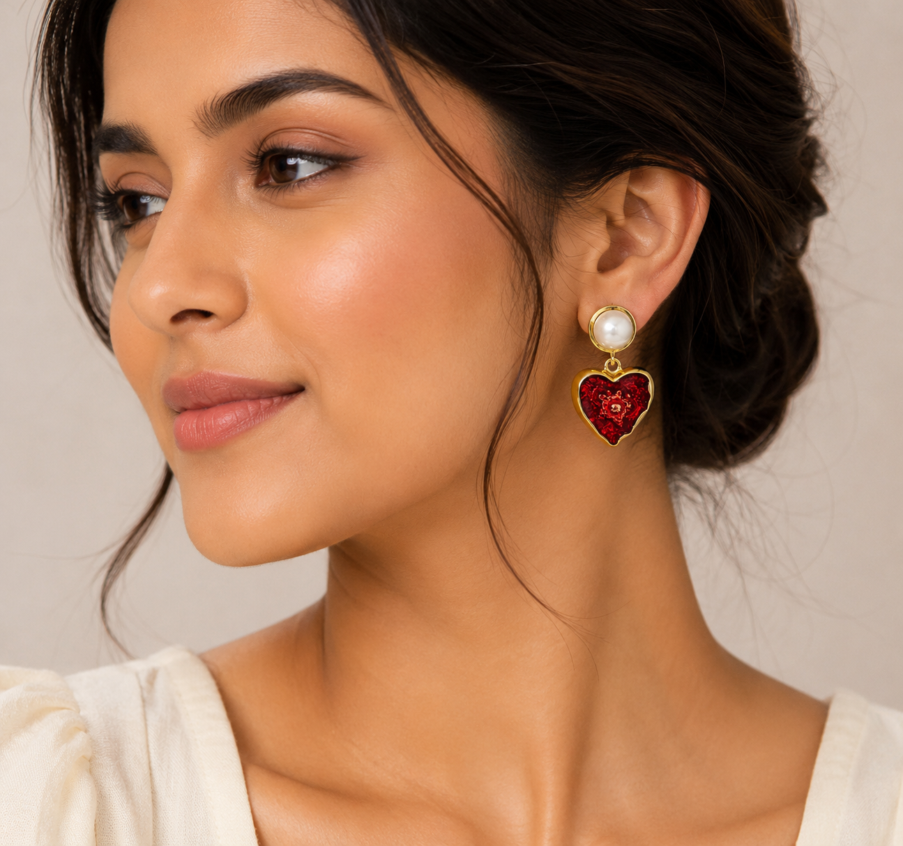 Gold-Plated Red Heart Pearl Dangle Earrings