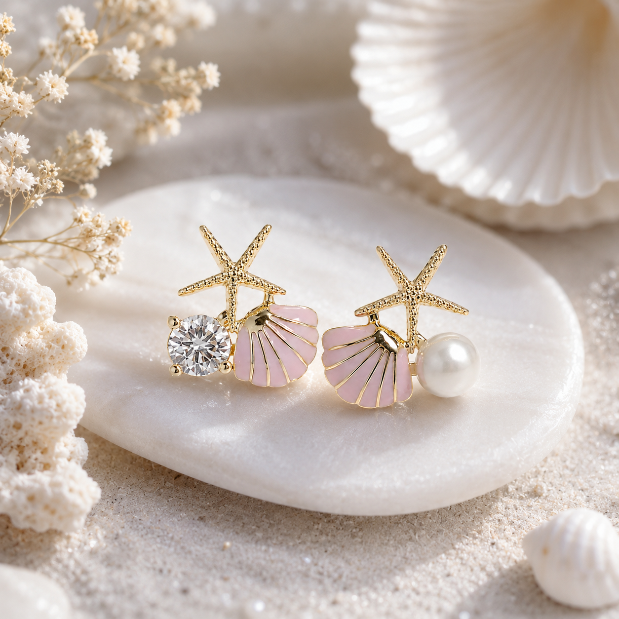 Korean Gold-Plated Starfish Shell Pearl Stud Earrings for Women