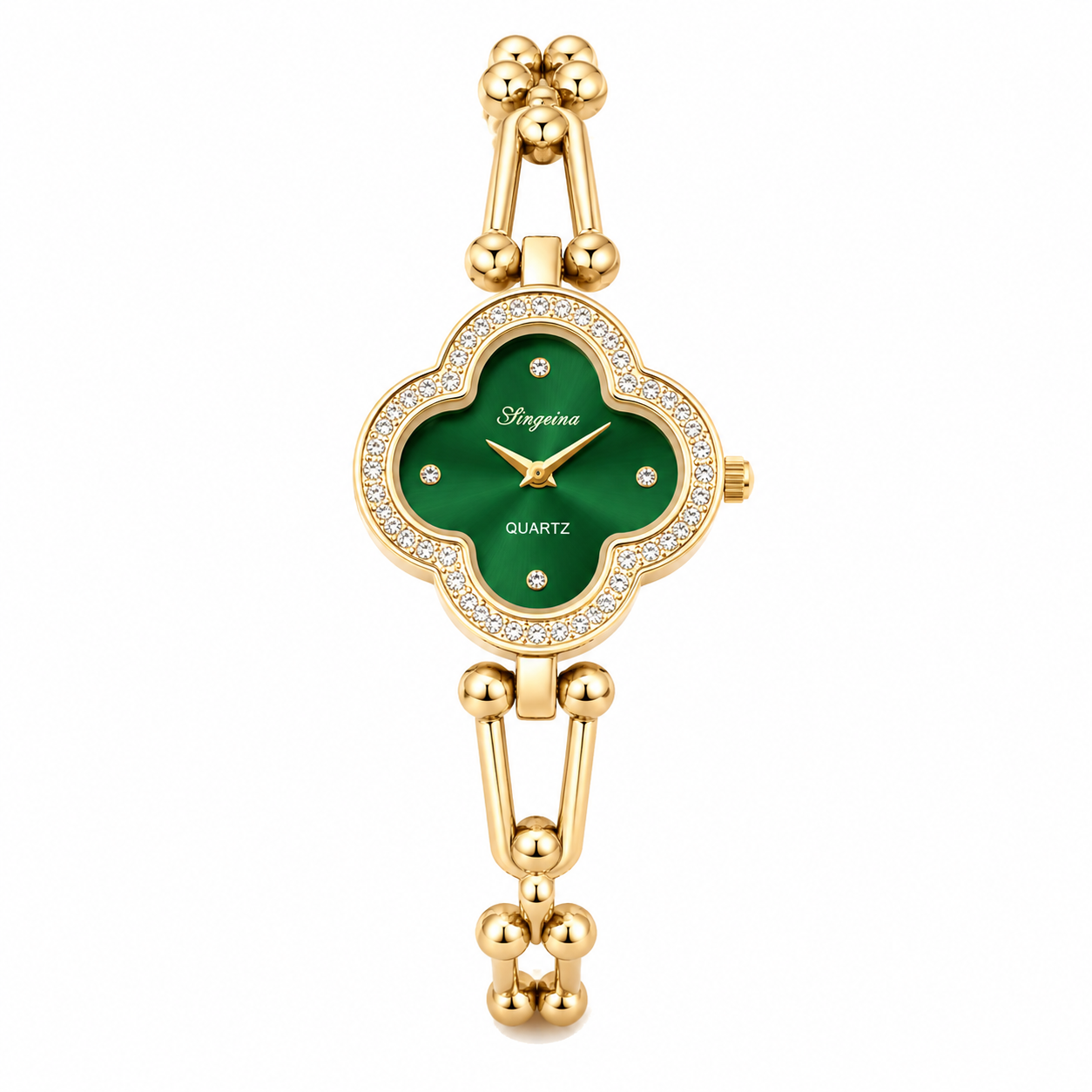 Emerald Green Clover Dial Watch | Anti-Tarnish Gold Plated Bracelet Watch for Women