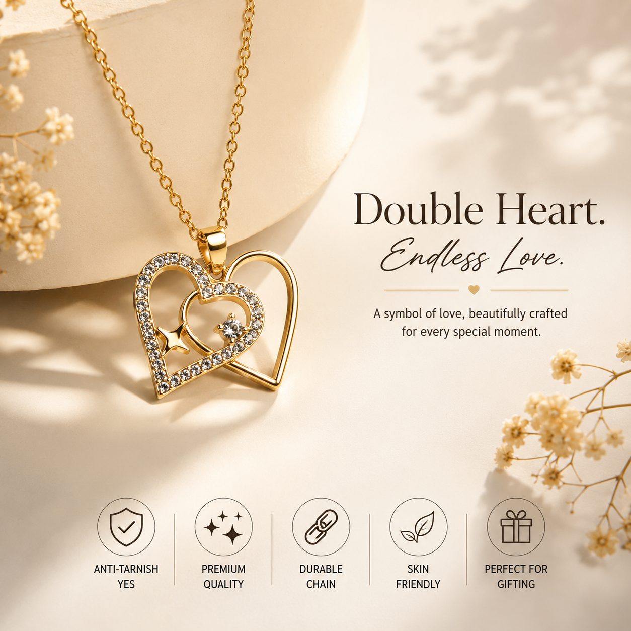 Women’s Double Heart Pendant Necklace | Gold-Plated Crystal Heart Chain | Anti-Tarnish Fashion Jewelry