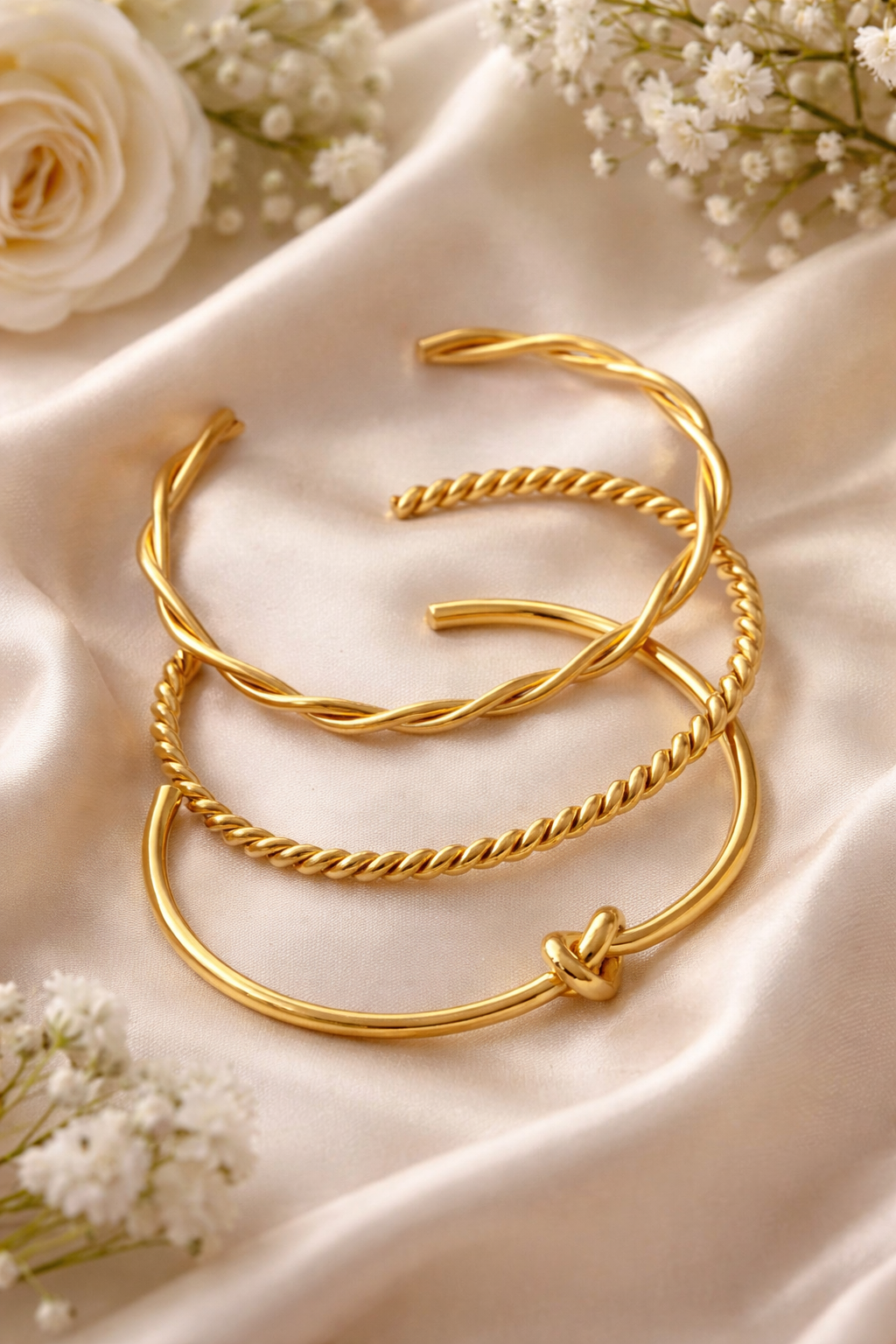 Anti-Tarnish Stainless Steel Gold Plated Stackable Cuff Bracelet Set for Women – Twist, Rope & Knot Design