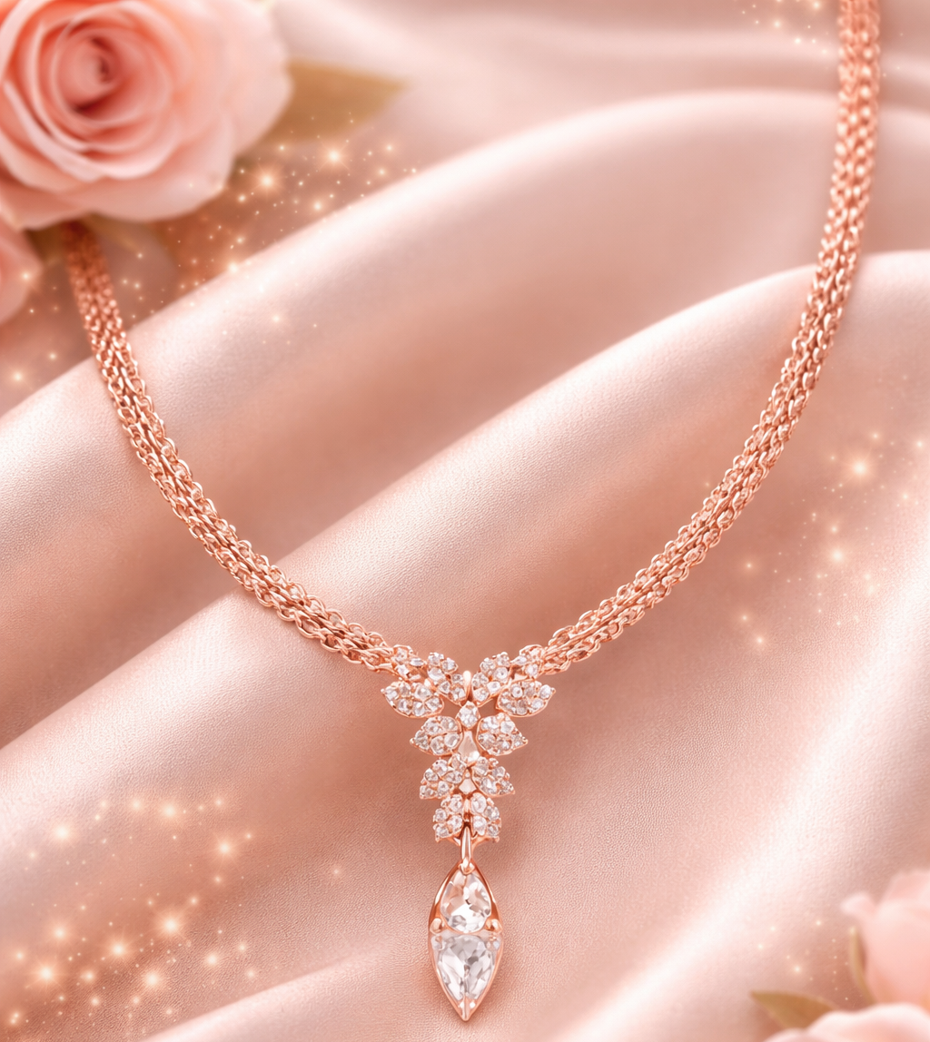 Jazz And Sizzle Rose Gold Bridal Floral Crystal Drop Necklace Heartfall Crystal Drop Necklace