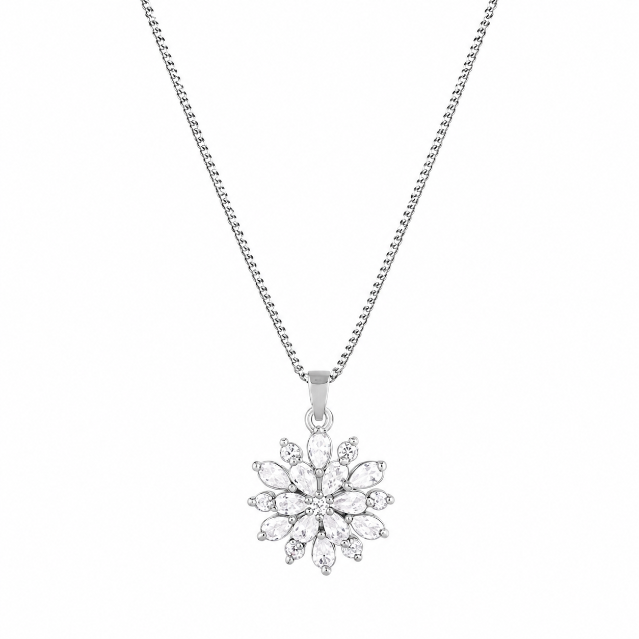 Jazz And Sizzle Rhodium Plated Heavenly Flower Pendant With Box Chain