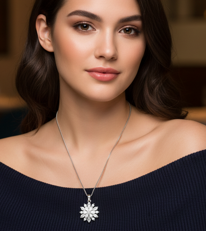 Jazz And Sizzle Rhodium Plated Heavenly Flower Pendant With Box Chain