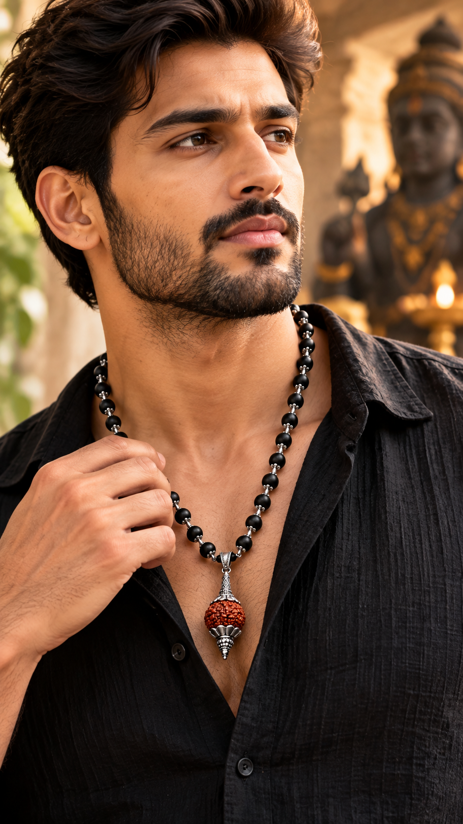 Original Karungali Wood & Rudraksha Beads Silver-Tone Pendant Mala- js-snl-035