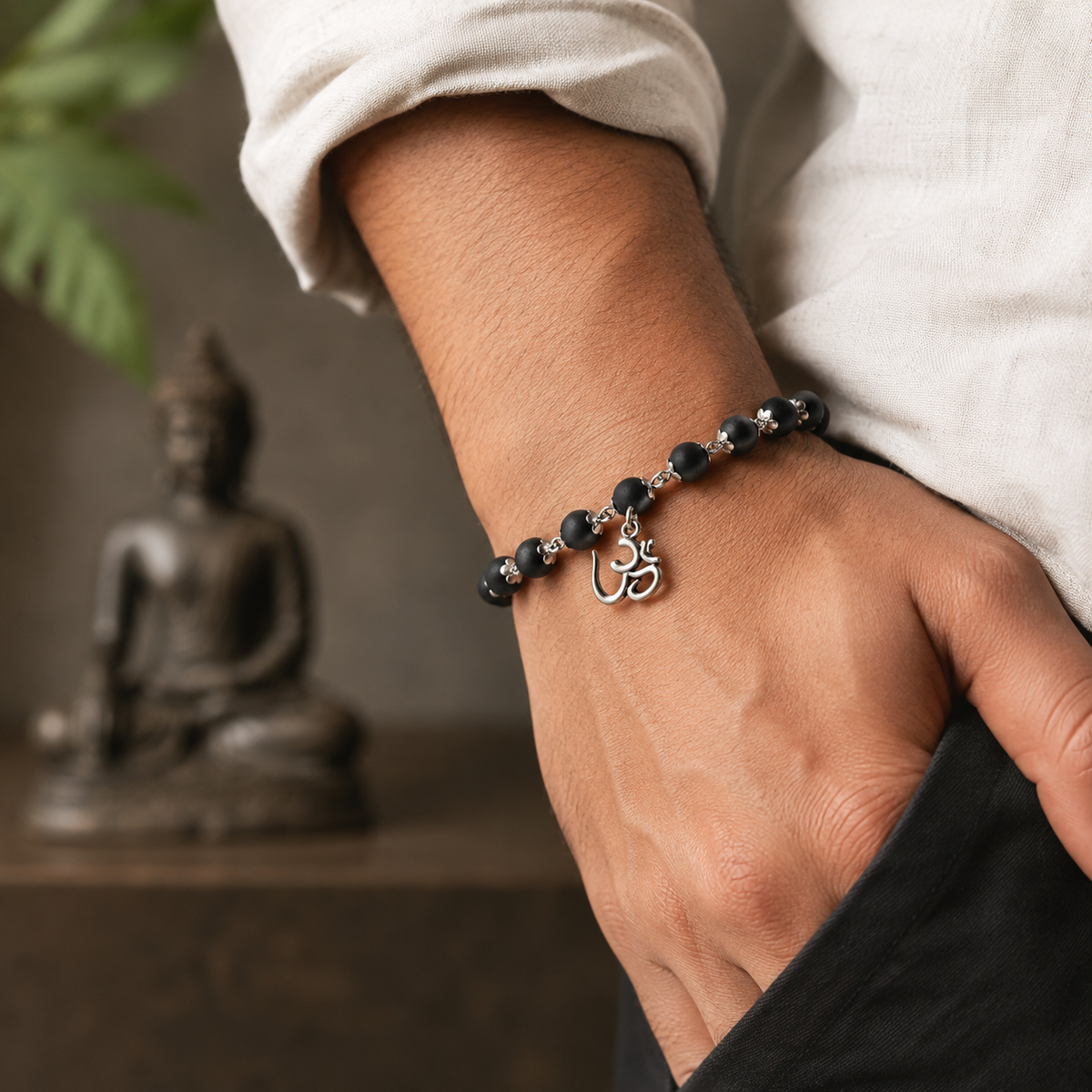 Black Beaded Om Charm Spiritual Bracelet for Men-JS-SBR-031