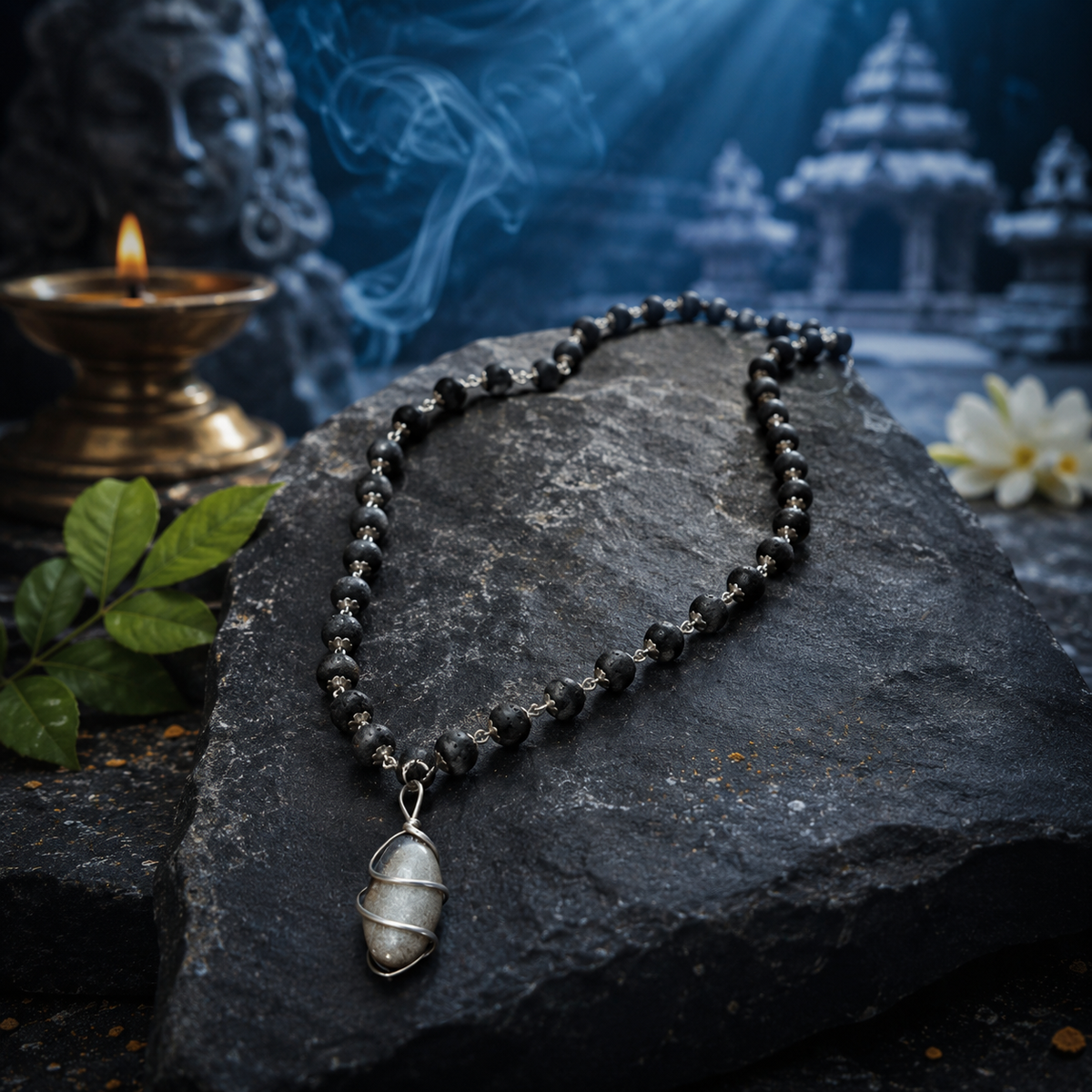 Black Beaded Shivling Pendant Mala for Men-JS-SNL-029