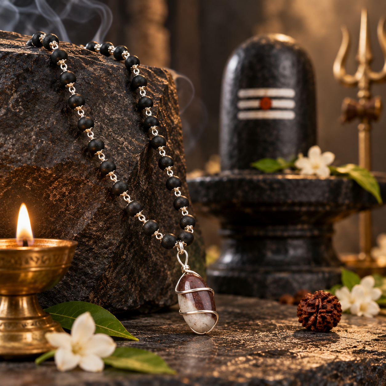 Black Beaded Shivling Pendant Mala for Men-JS-SNL-029