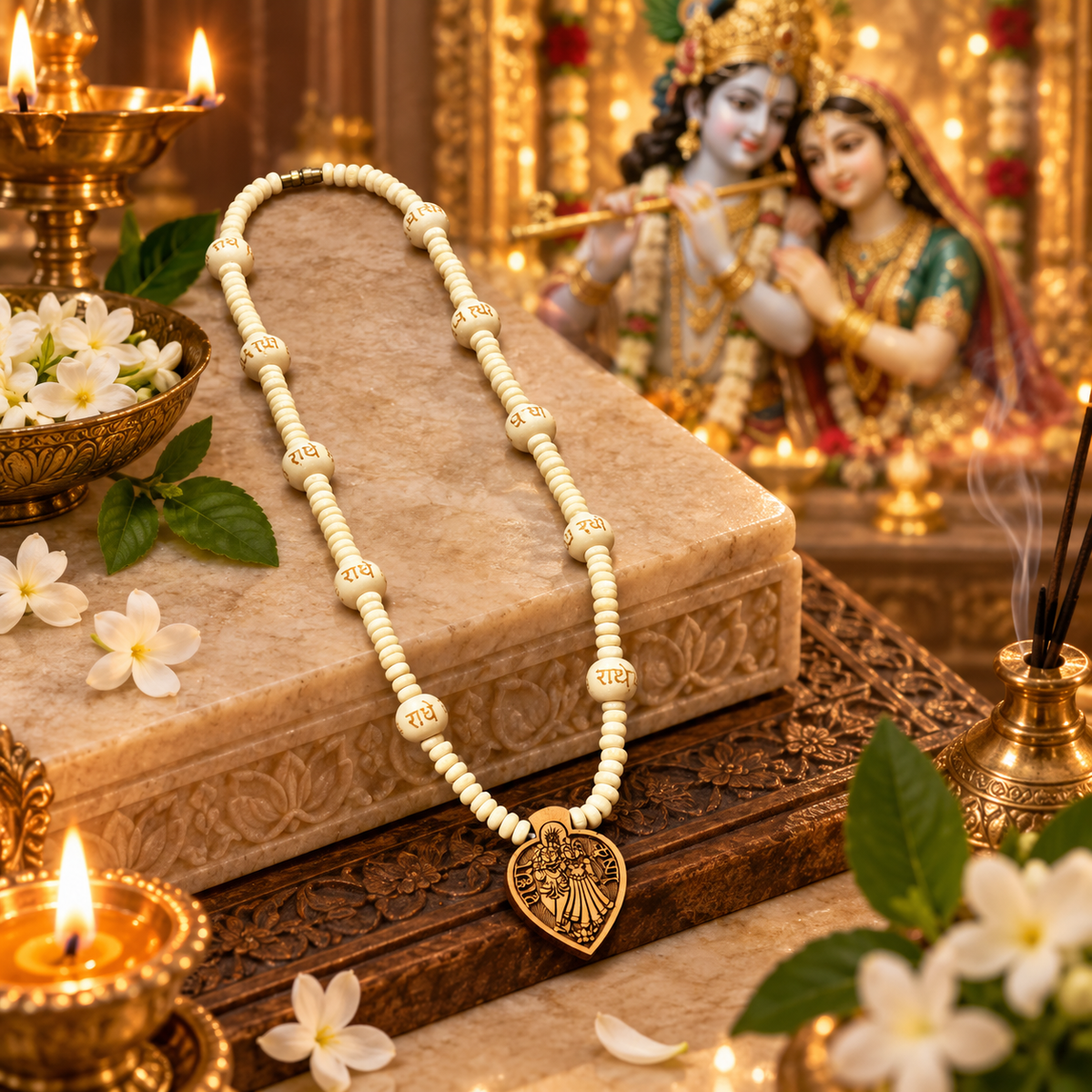 Radha Krishna Tulsi Bead Mala with Wooden Pendant-JS-SNL-032