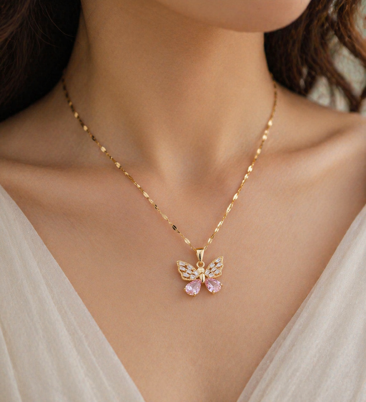 Jazz And Sizzle Gold Plated Pink Butterfly Crystal Pendant Necklace