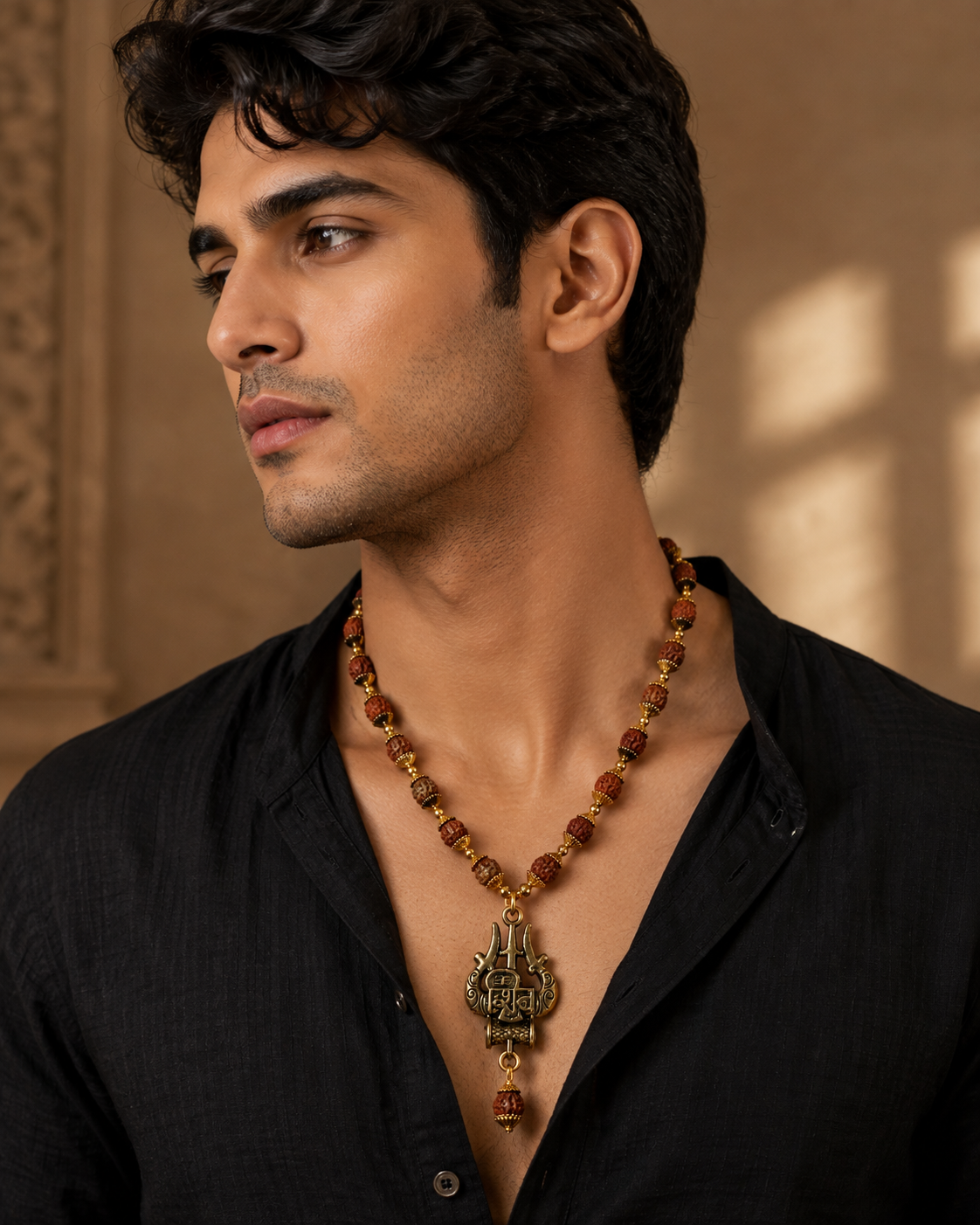 Gold-Plated Rudraksha Mala with Trishul & Spiritual Pendant | Traditional Prayer Necklace