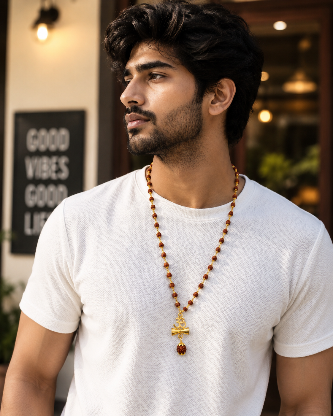 Om Damru Rudraksha Beaded Spiritual Pendant Necklace for Men-JS-SNC-002
