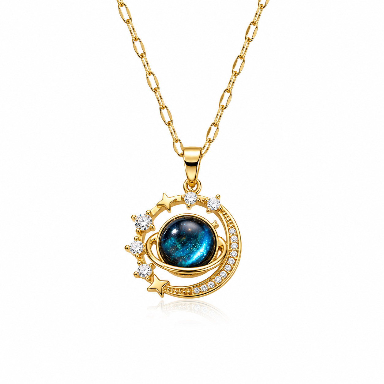 Gold-Plated Celestial Galaxy Pendant Necklace with Blue Crystal for Women-WJ-JS26-NL0178