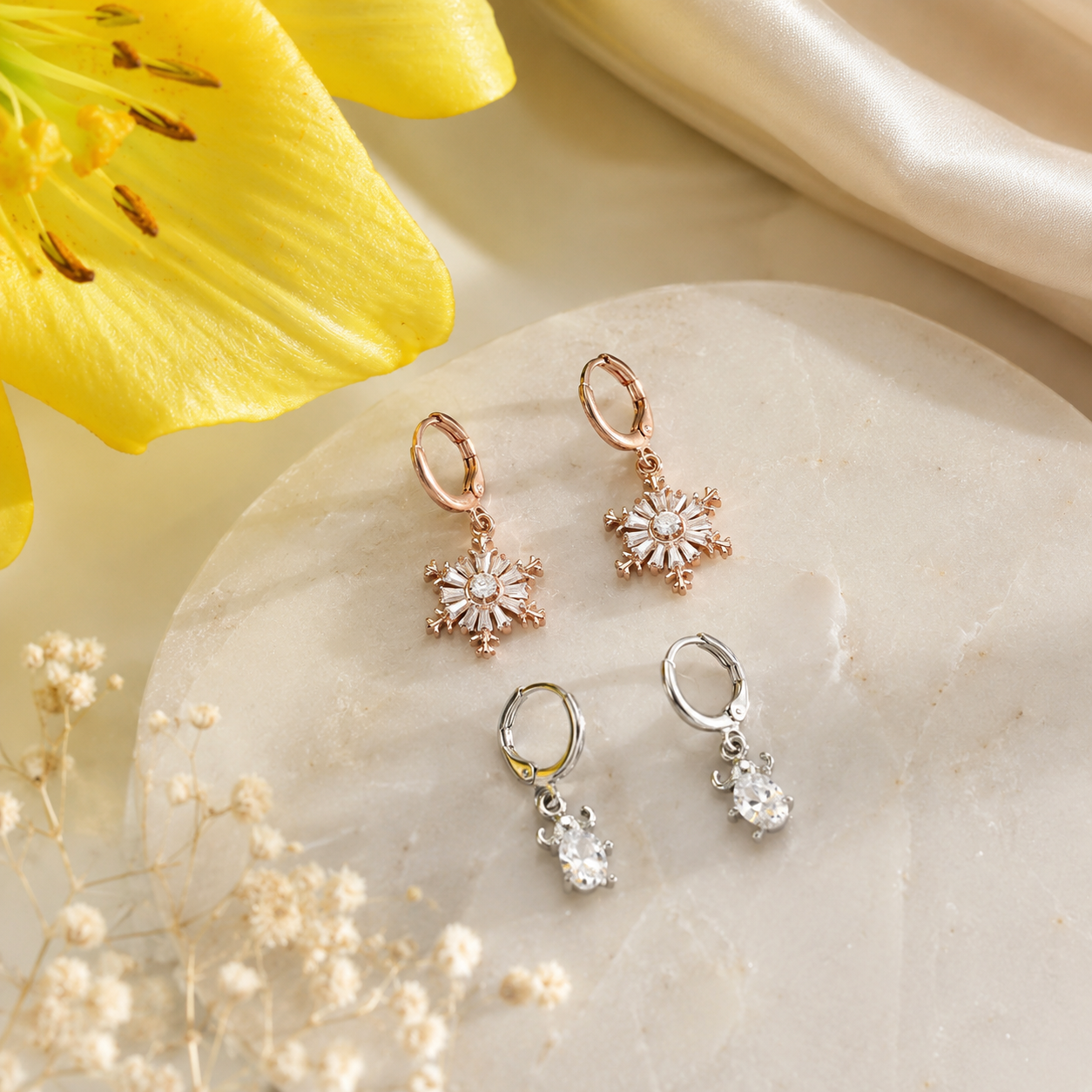Rose Gold Snowflake & Silver Solitaire Hoop Earrings Combo Set for Women