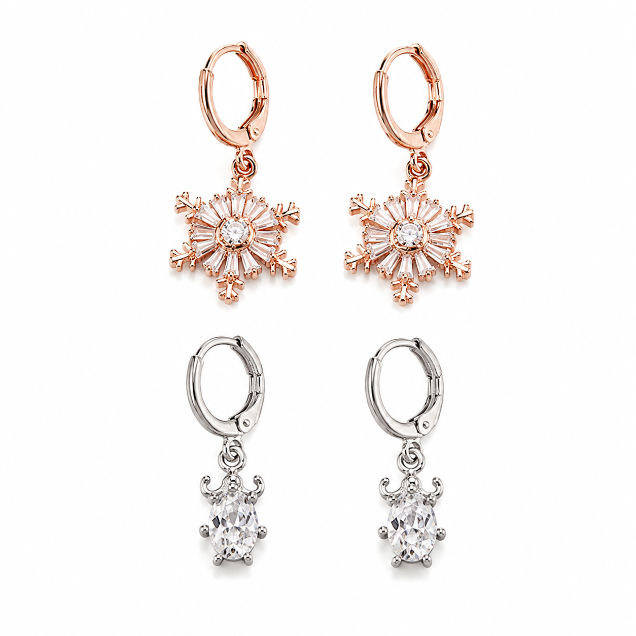 Rose Gold Snowflake & Silver Solitaire Hoop Earrings Combo Set for Women