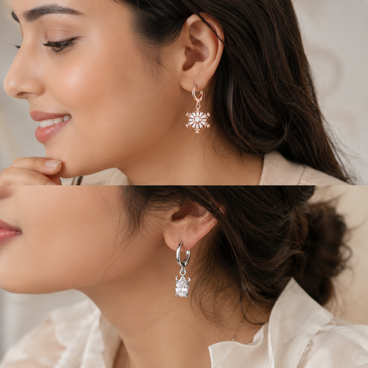 Rose Gold Snowflake & Silver Solitaire Hoop Earrings Combo Set for Women