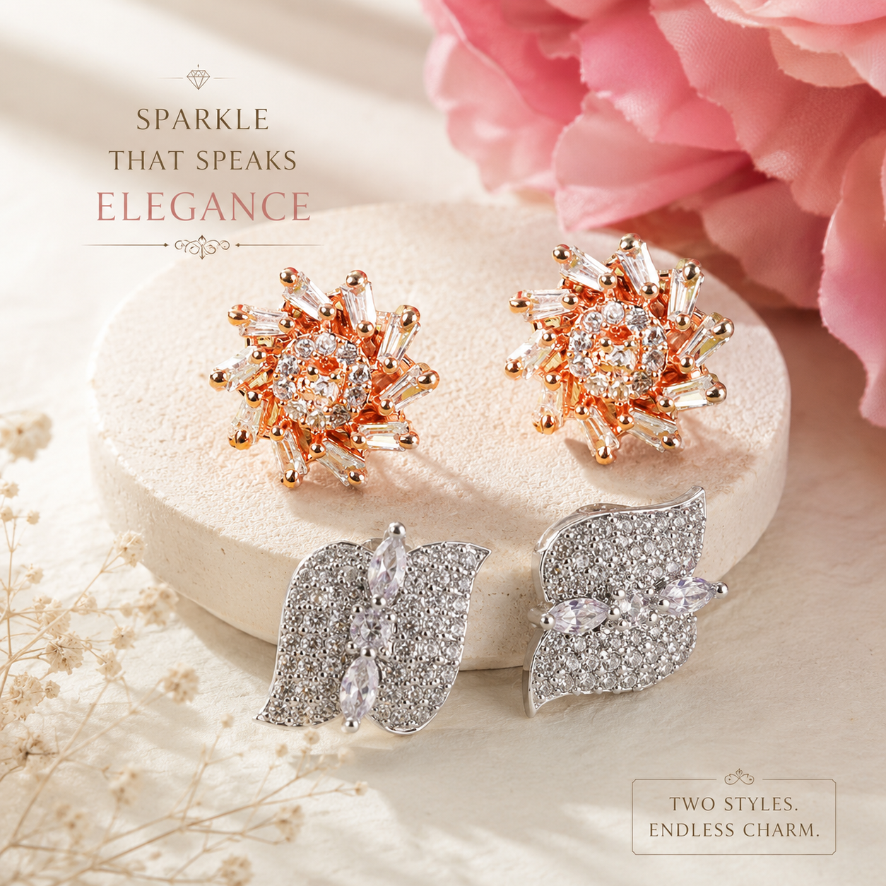 Rose Gold Floral Crystal & Silver Leaf Stud Earrings Combo Set for Women | Premium CZ Party Wear Earrings (2 Pairs)