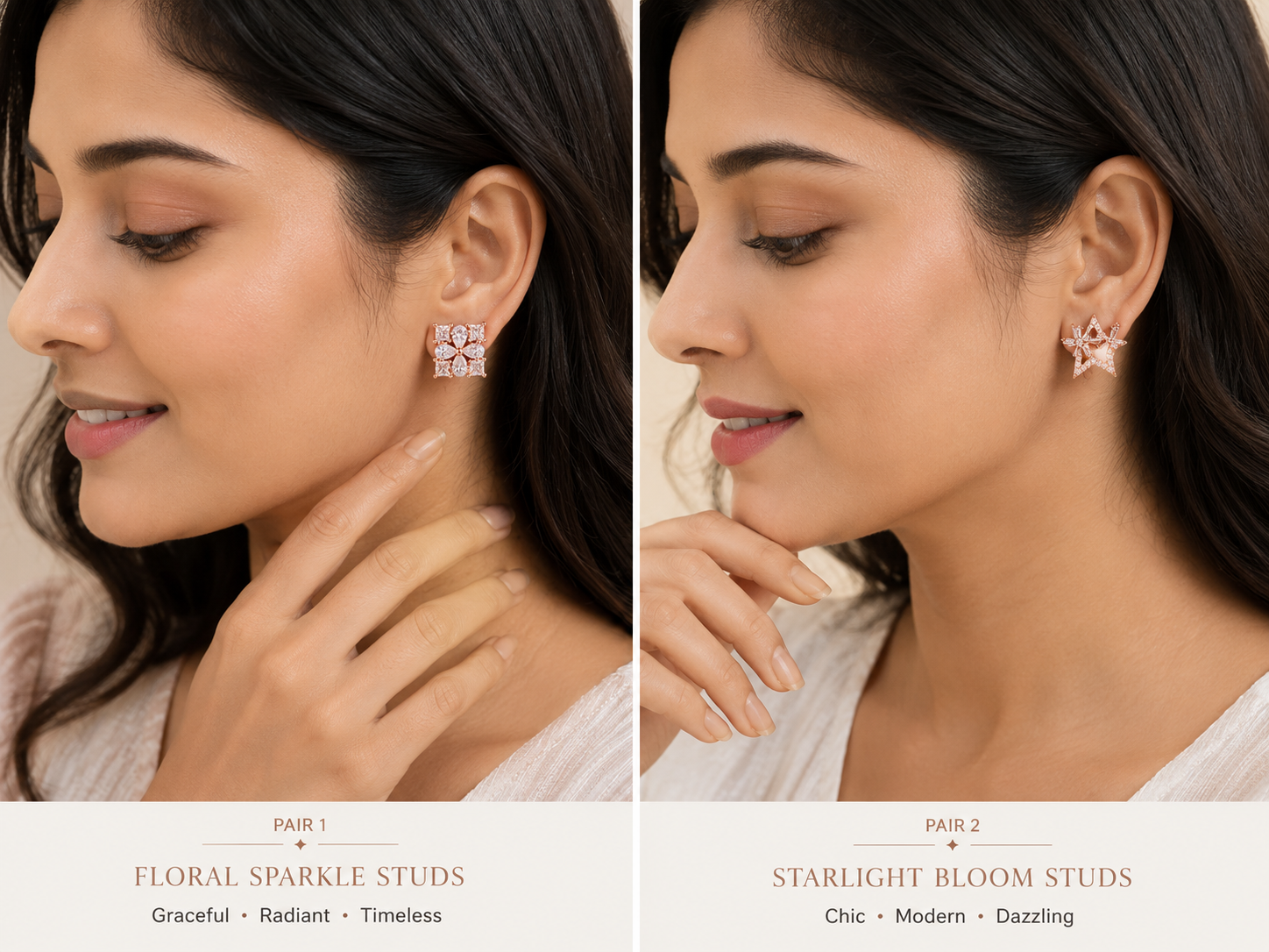 Rose Gold Crystal Floral & Star Stud Earrings Combo Set for Women | Premium Cubic Zirconia Designer Studs (2 Pairs)